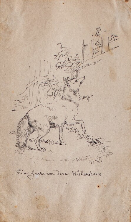 Joseph Simon Volmar - Ein Fuchs vor dem Hühnerhaus - Tuschezeichnung - 1840