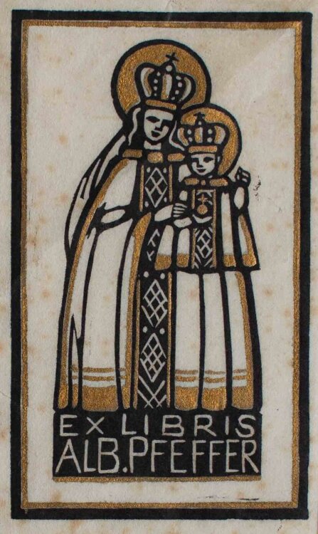 Luise Hoff - Exlibris. Madonna mit Christusknabe - o.J. - Holzschnitt mit Goldauflage