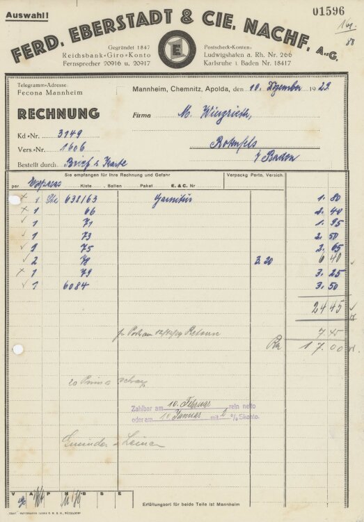 Firma M. Winzrieth (Kaufhaus)an Ferd. Eberstadt & Co Nachfolger- Rechnung - 10.12.1929