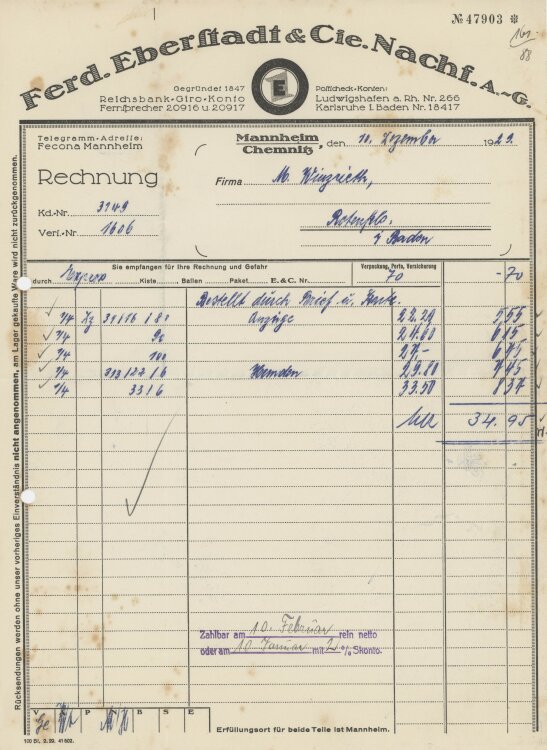 Firma M. Winzrieth (Kaufhaus)an Ferd. Eberstadt & Co Nachfolger- Rechnung - 10.12.1929