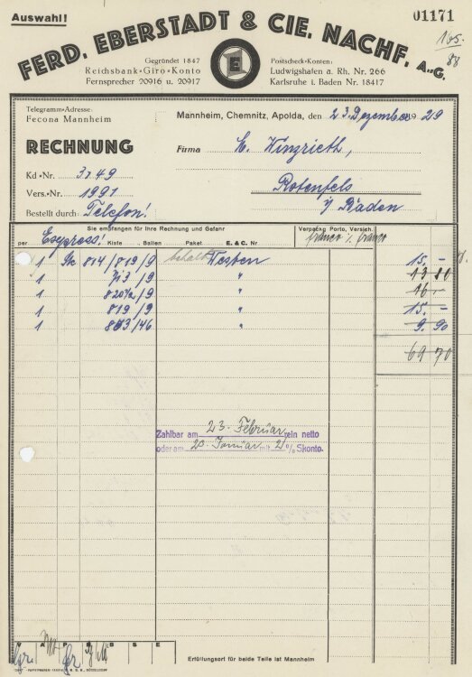 Firma M. Winzrieth (Kaufhaus)an Ferd. Eberstadt & Co Nachfolger- Rechnung - 23.12.1929