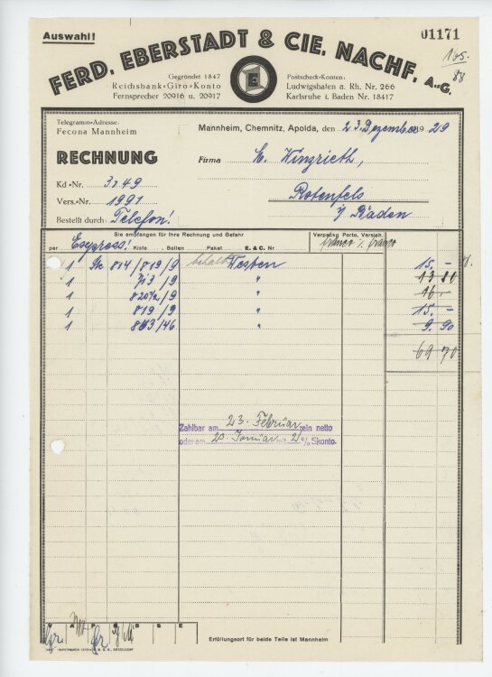 Firma M. Winzrieth (Kaufhaus)an Ferd. Eberstadt & Co Nachfolger- Rechnung - 23.12.1929