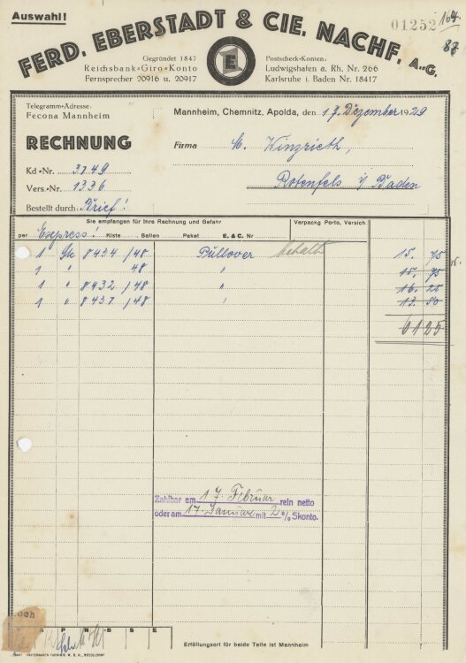 Firma M. Winzrieth (Kaufhaus)an Ferd. Eberstadt & Co Nachfolger- Rechnung - 17.12.1929