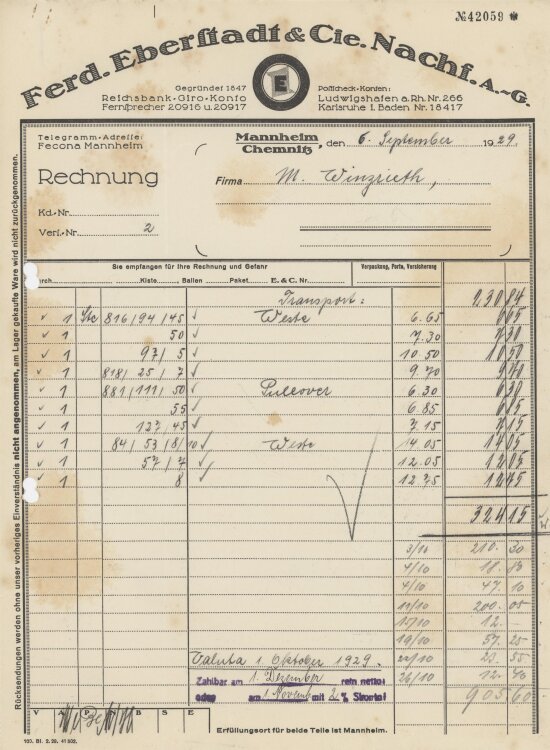 Firma M. Winzrieth (Kaufhaus)an Ferd. Eberstadt & Co...