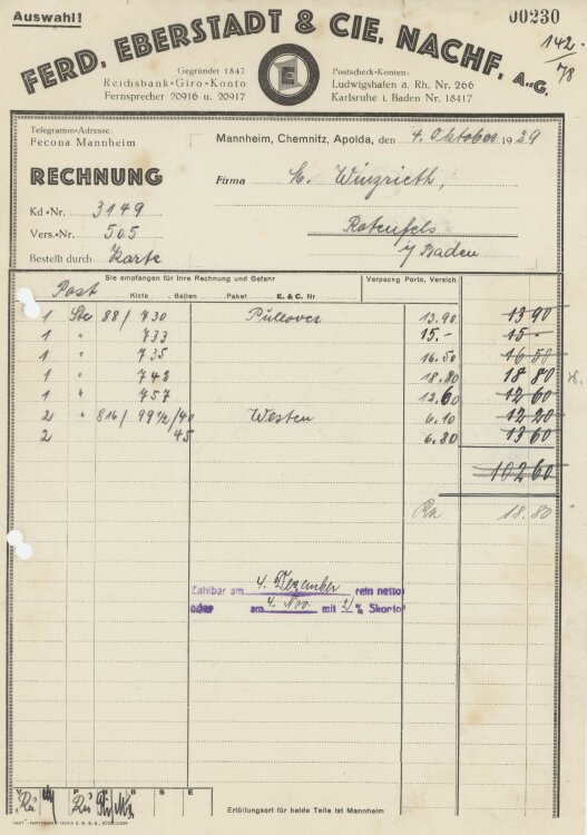 Firma M. Winzrieth (Kaufhaus)an Ferd. Eberstadt & Co Nachfolger- Rechnung - 04.10.1929