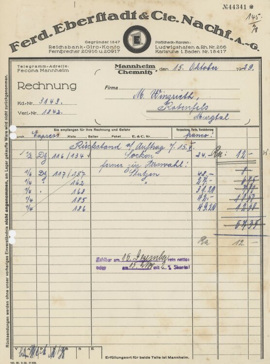 Firma M. Winzrieth (Kaufhaus)an Ferd. Eberstadt & Co Nachfolger- Rechnung - 15.10.1929