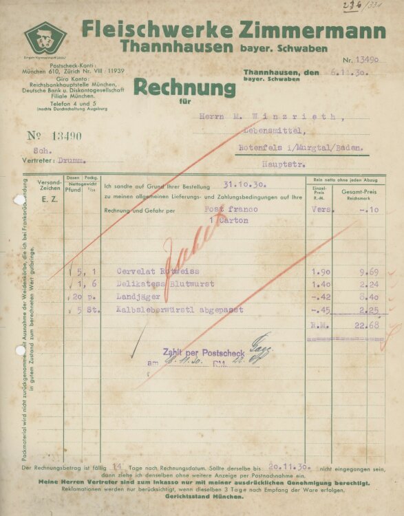 Firma M. Winzrieth (Kaufhaus)an Fleischwerke Zimmermann-...