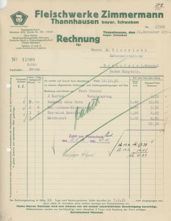 Firma M. Winzrieth (Kaufhaus)an Fleischwerke Zimmermann- Rechnung - 22.12.1930