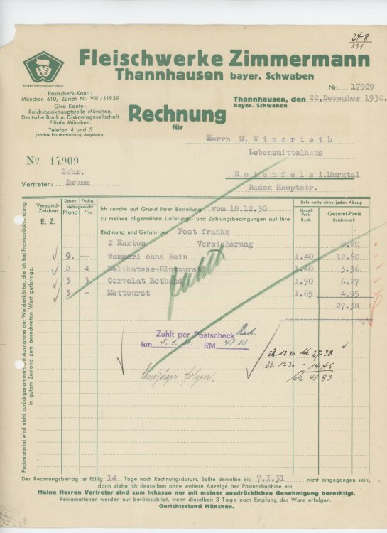 Firma M. Winzrieth (Kaufhaus)an Fleischwerke Zimmermann- Rechnung - 22.12.1930