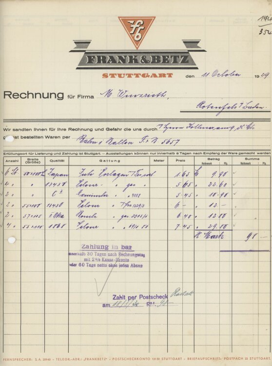 Firma M. Winzrieth (Kaufhaus)an Frank & Betz- Rechnung - 11.10.1929