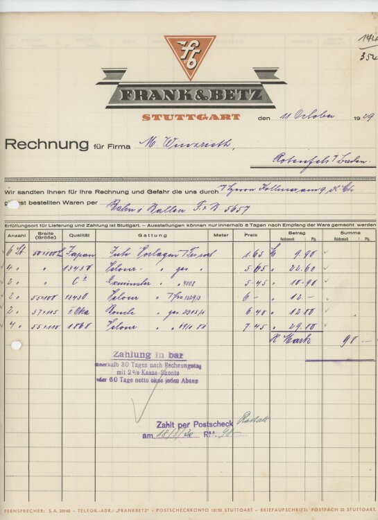 Firma M. Winzrieth (Kaufhaus)an Frank & Betz- Rechnung - 11.10.1929