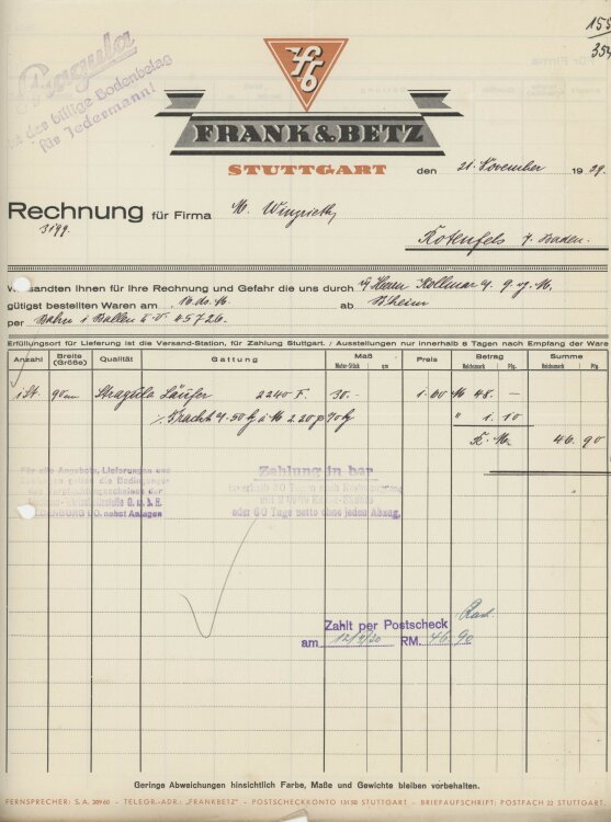 Firma M. Winzrieth (Kaufhaus)an Frank & Betz- Rechnung - 21.11.1929