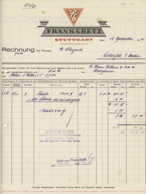 Firma M. Winzrieth (Kaufhaus)an Frank & Betz-...