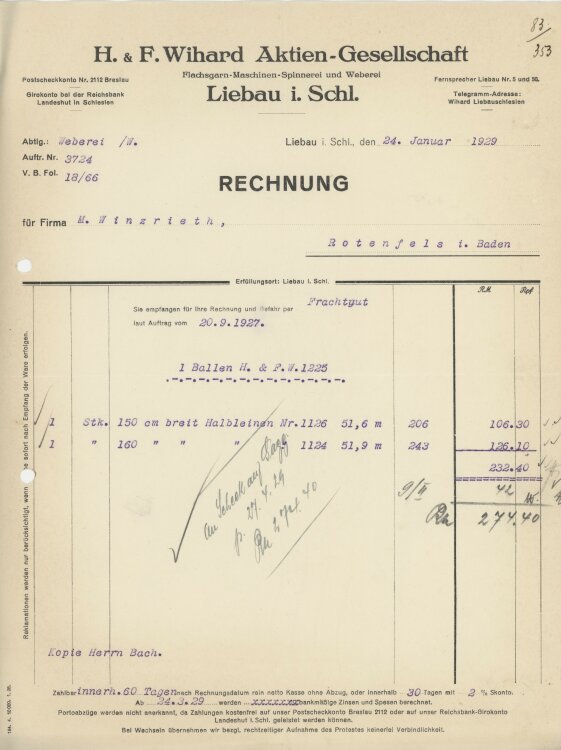 Firma M. Winzrieth (Kaufhaus)an H. & F. Wihard AG- Rechnung - 24.01.1930