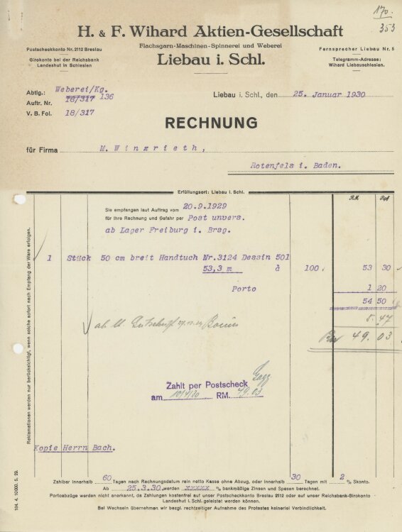 Firma M. Winzrieth (Kaufhaus)an H. & F. Wihard AG- Rechnung - 25.01.1930