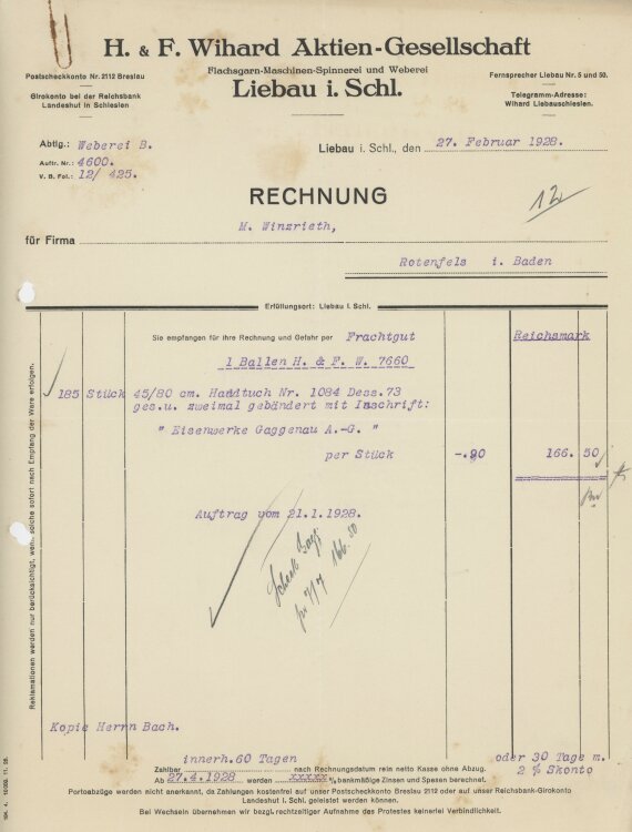 Firma M. Winzrieth (Kaufhaus)an H. & F. Wihard AG- Rechnung - 27.02.1928