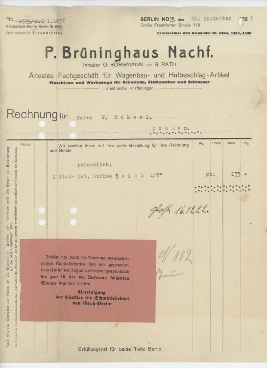 W. Scheel, Schmiedemeisteran P. Brüninghaus Nachfolger- Rechnung - 22.09.1922