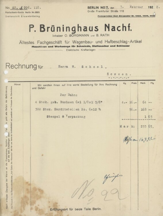 W. Scheel, Schmiedemeisteran P. Brüninghaus Nachfolger- Rechnung - 03.02.1922