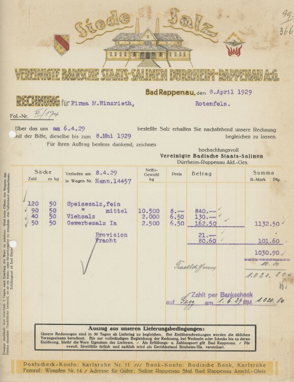 Firma M. Winzrieth (Kaufhaus)an Vereinigte Badische Staats-Salinen- Rechnung - 08.04.1929