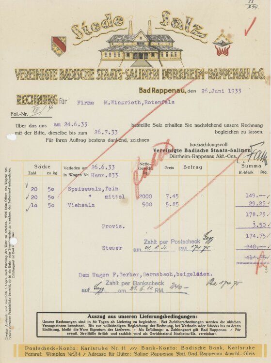 Firma M. Winzrieth (Kaufhaus)an Vereinigte Badische Staats-Salinen- Rechnung - 26.06.1933