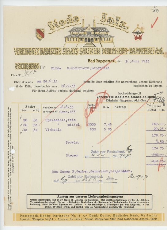 Firma M. Winzrieth (Kaufhaus)an Vereinigte Badische Staats-Salinen- Rechnung - 26.06.1933