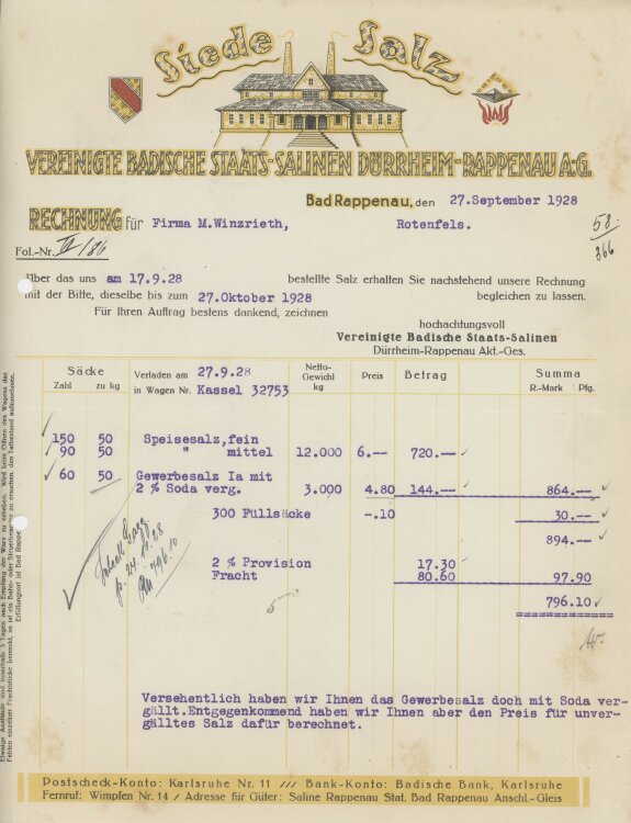 Firma M. Winzrieth (Kaufhaus)an Vereinigte Badische Staats-Salinen- Rechnung - 27.09.1928