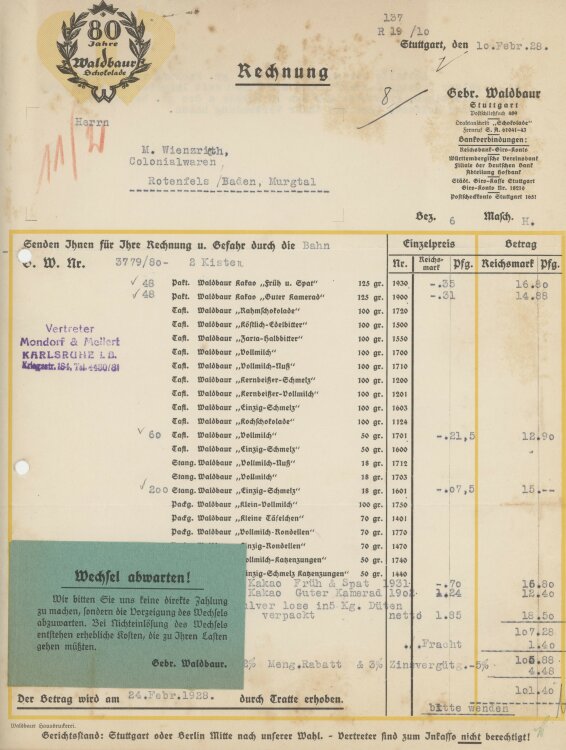 Firma M. Winzrieth (Kaufhaus)an Gebrüder Waldbaur- Rechnung - 10.02.1928