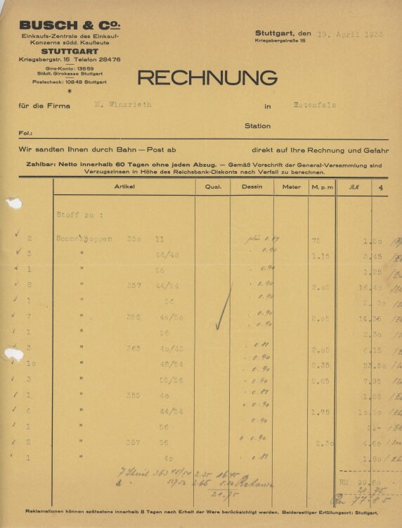 Firma M. Winzrieth (Kaufhaus)an Busch & Co- Rechnung...