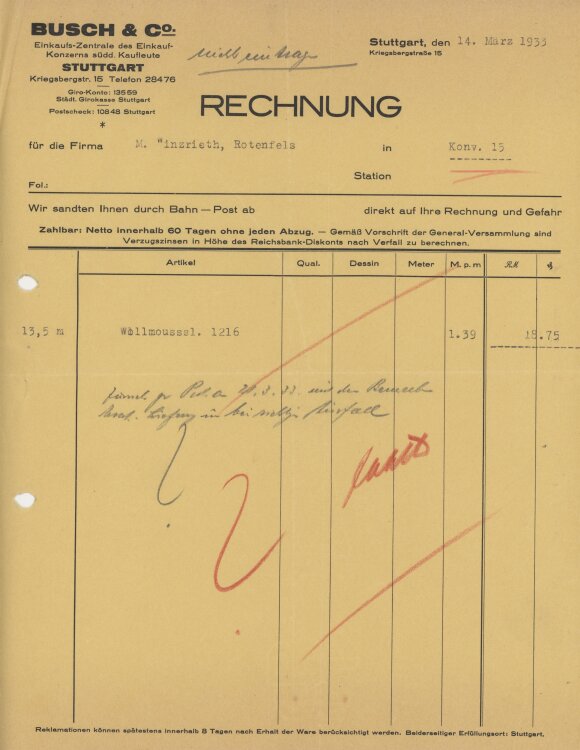 Firma M. Winzrieth (Kaufhaus)an Busch & Co- Rechnung...