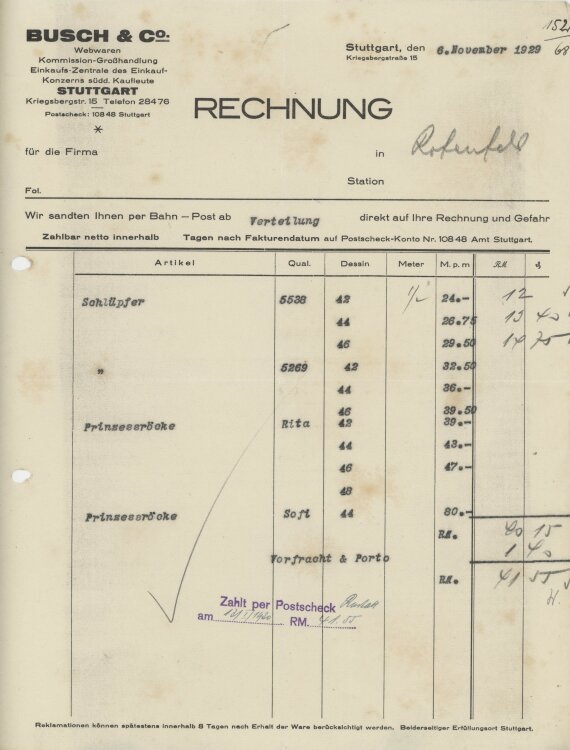 Firma M. Winzrieth (Kaufhaus)an Busch & Co- Rechnung...