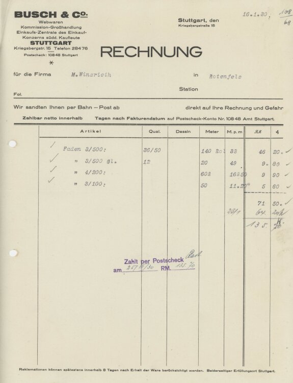 Firma M. Winzrieth (Kaufhaus)an Busch & Co- Rechnung - 16.01.1930