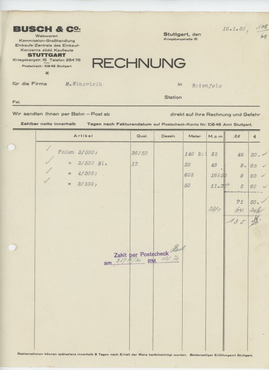 Firma M. Winzrieth (Kaufhaus)an Busch & Co- Rechnung - 16.01.1930