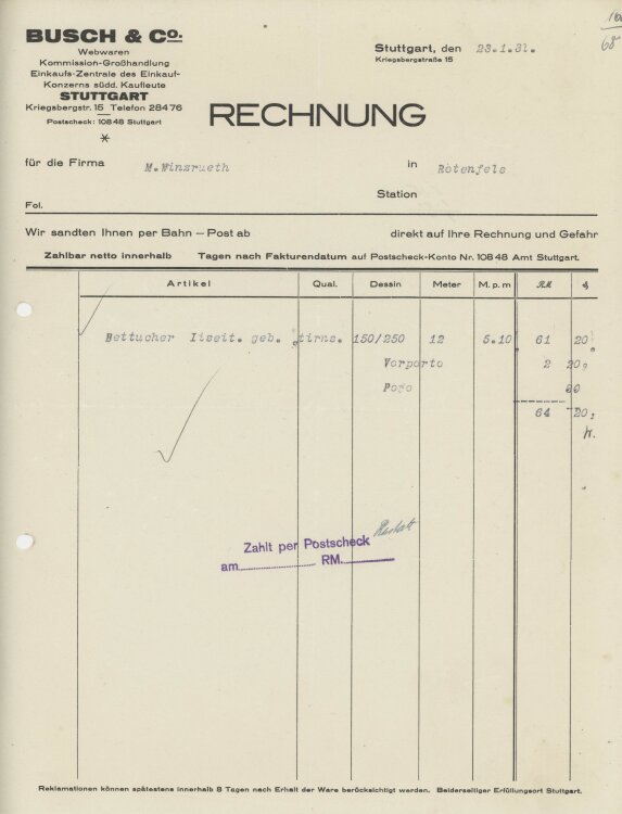 Firma M. Winzrieth (Kaufhaus)an Busch & Co- Rechnung - 23.01.1931