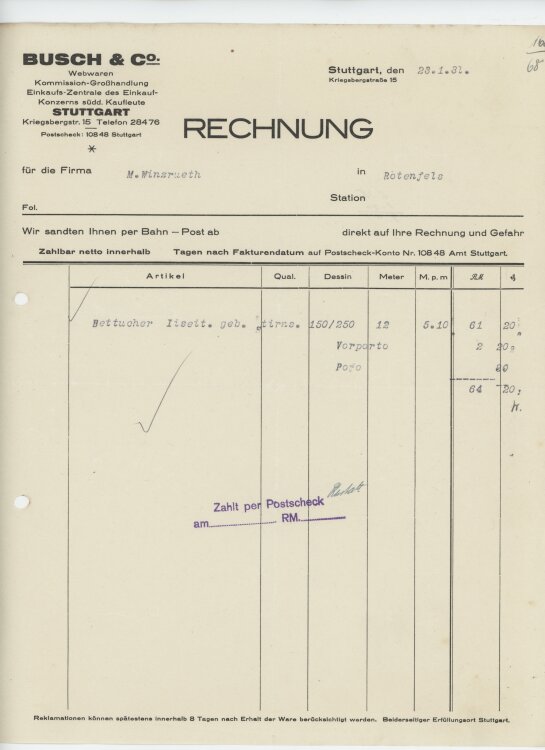 Firma M. Winzrieth (Kaufhaus)an Busch & Co- Rechnung...