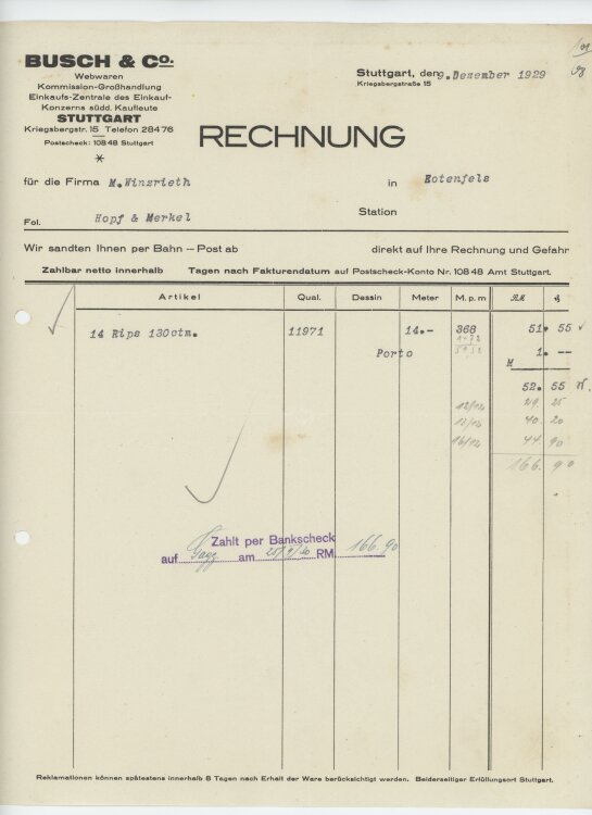 Firma M. Winzrieth (Kaufhaus)an Busch & Co- Rechnung - 09.12.1929