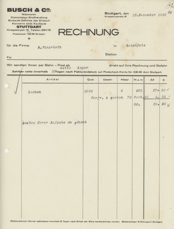 Firma M. Winzrieth (Kaufhaus)an Busch & Co- Rechnung...