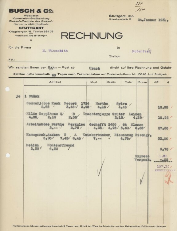 Firma M. Winzrieth (Kaufhaus)an Busch & Co- Rechnung...