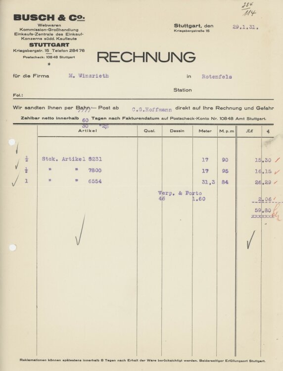 Firma M. Winzrieth (Kaufhaus)an Busch & Co- Rechnung...