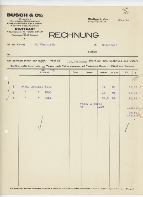 Firma M. Winzrieth (Kaufhaus)an Busch & Co- Rechnung...