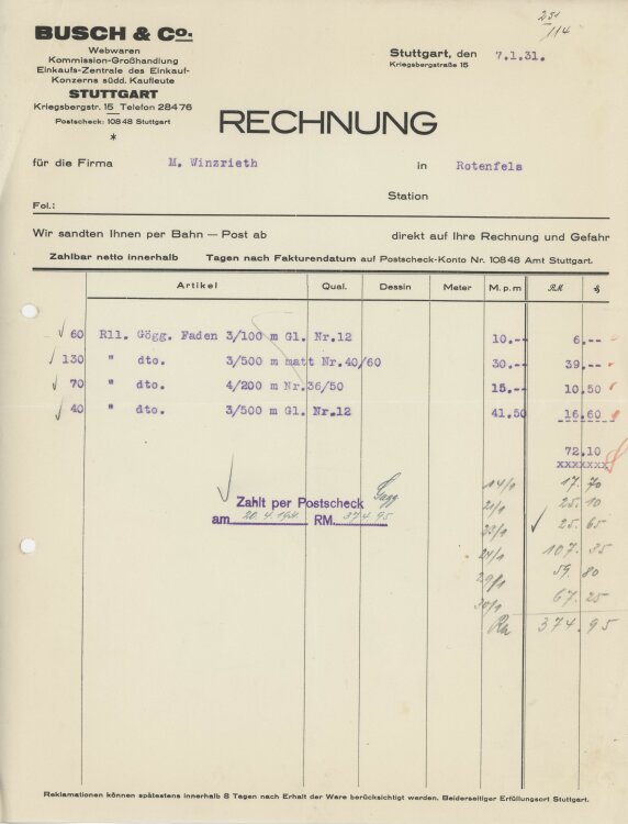 Firma M. Winzrieth (Kaufhaus)an Busch & Co- Rechnung - 07.01.1931