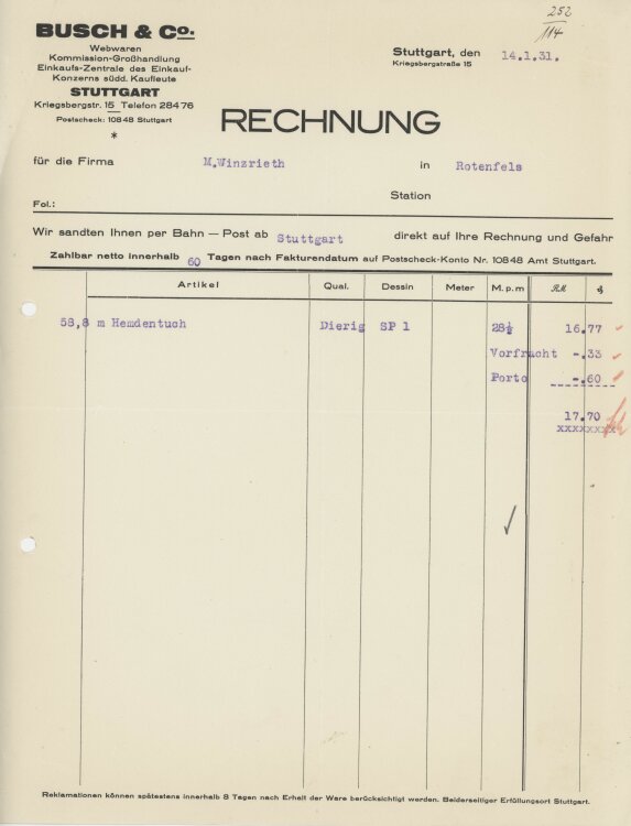 Firma M. Winzrieth (Kaufhaus)an Busch & Co- Rechnung - 14.01.1931