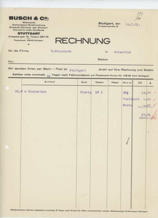 Firma M. Winzrieth (Kaufhaus)an Busch & Co- Rechnung - 14.01.1931