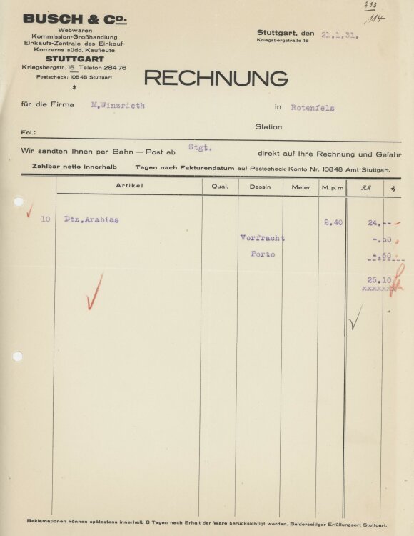 Firma M. Winzrieth (Kaufhaus)an Busch & Co- Rechnung - 21.01.1931