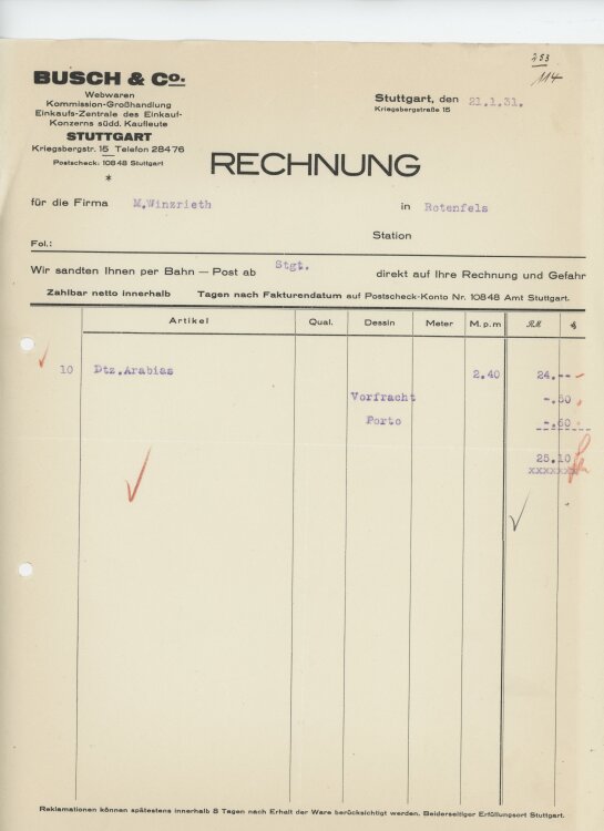 Firma M. Winzrieth (Kaufhaus)an Busch & Co- Rechnung - 21.01.1931