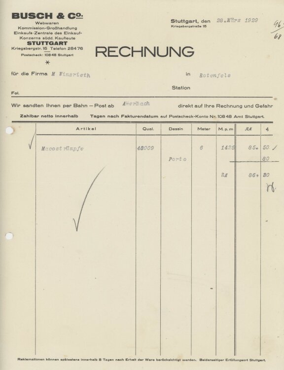 Firma M. Winzrieth (Kaufhaus)an Busch & Co- Rechnung - 28.03.1929