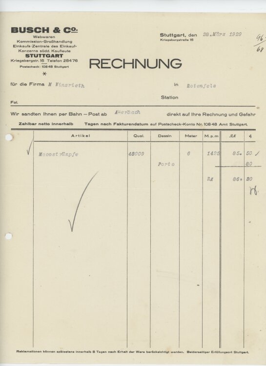 Firma M. Winzrieth (Kaufhaus)an Busch & Co- Rechnung...