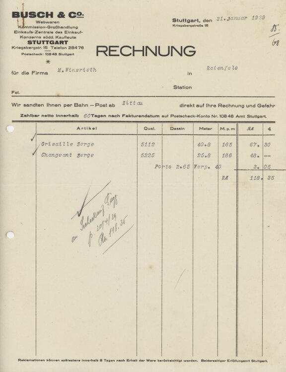 Firma M. Winzrieth (Kaufhaus)an Busch & Co- Rechnung...