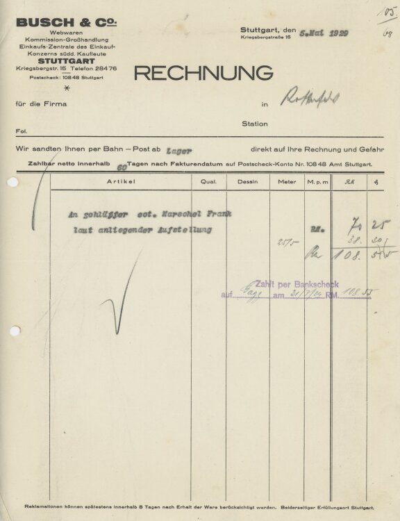 Firma M. Winzrieth (Kaufhaus)an Busch & Co- Rechnung - 05.05.1929