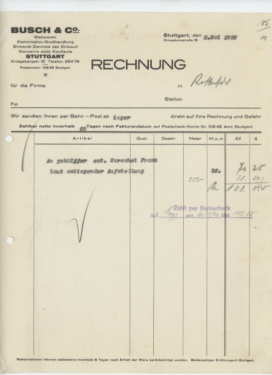 Firma M. Winzrieth (Kaufhaus)an Busch & Co- Rechnung - 05.05.1929