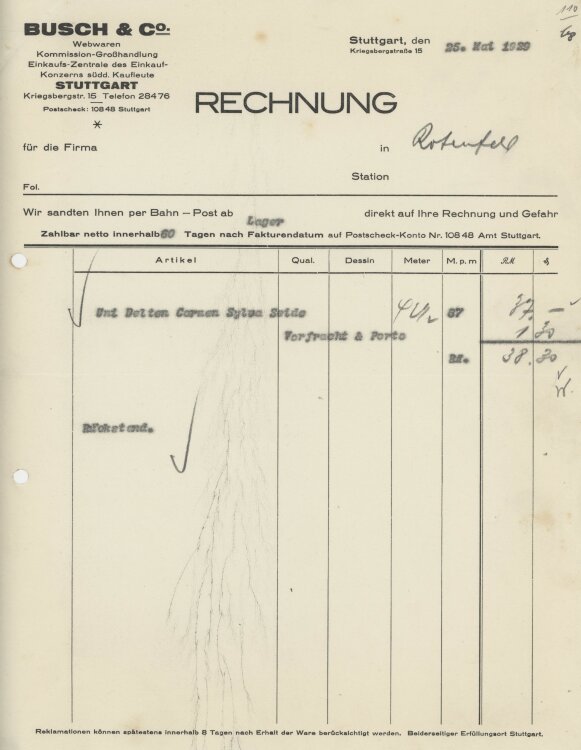 Firma M. Winzrieth (Kaufhaus)an Busch & Co- Rechnung...